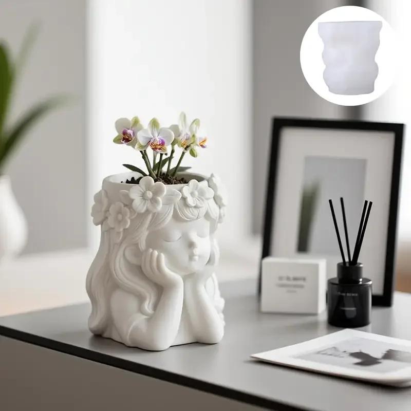 A Top Quality Wearing Wreath Girl Shape Vase Silicone Molds DIY Candle Cup Vessel Plaster Concrete Mould Storage Box Flowerpot