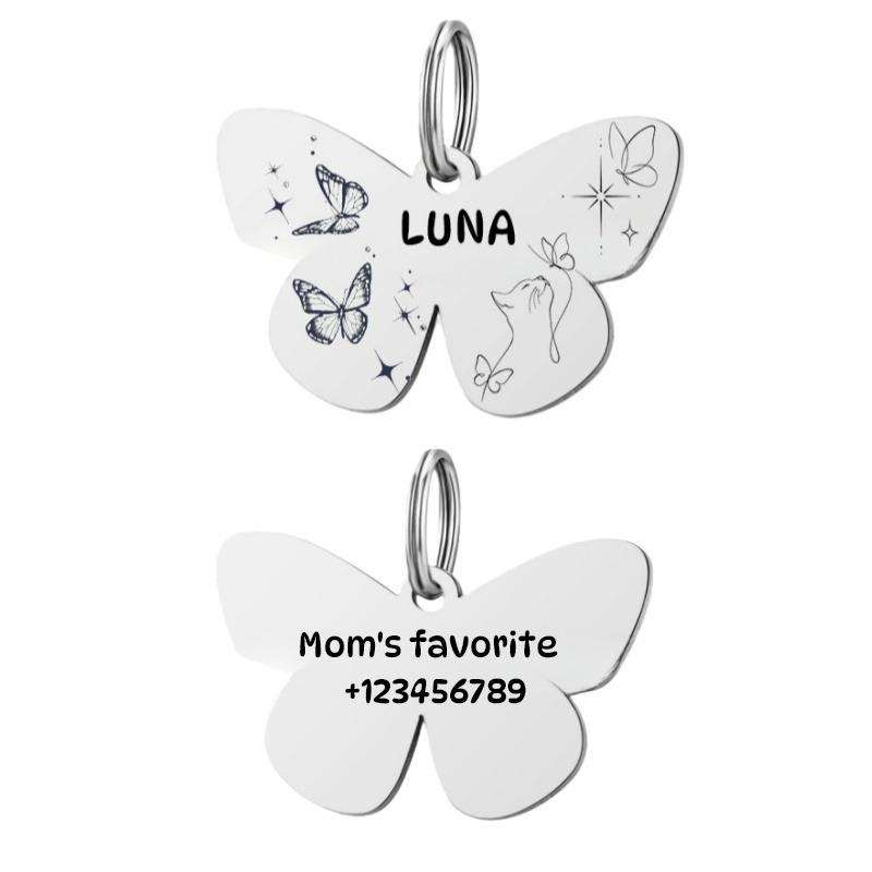 Customized Stainless Steel Butterfly Pet ID Tag Key Chain Personalized Dog ID Cat Kitten Puppy Tag Pendant DIY Logo Accessoriess серебряный