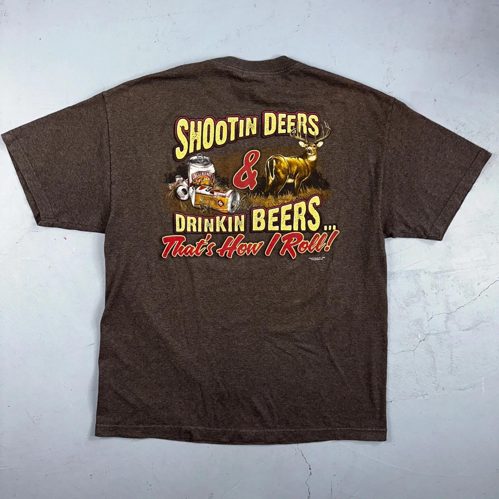 Buck Wear Funny Deers and Beers VTG T Shirt Redneck Brown Y2K Cool Hunting Joke M