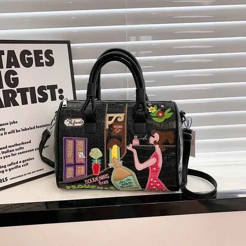 European And American Embroidered Three-Dimensional Women'S Bag New Large Capacity Shoulder  Boston Bag Trendy Crossbody Bag