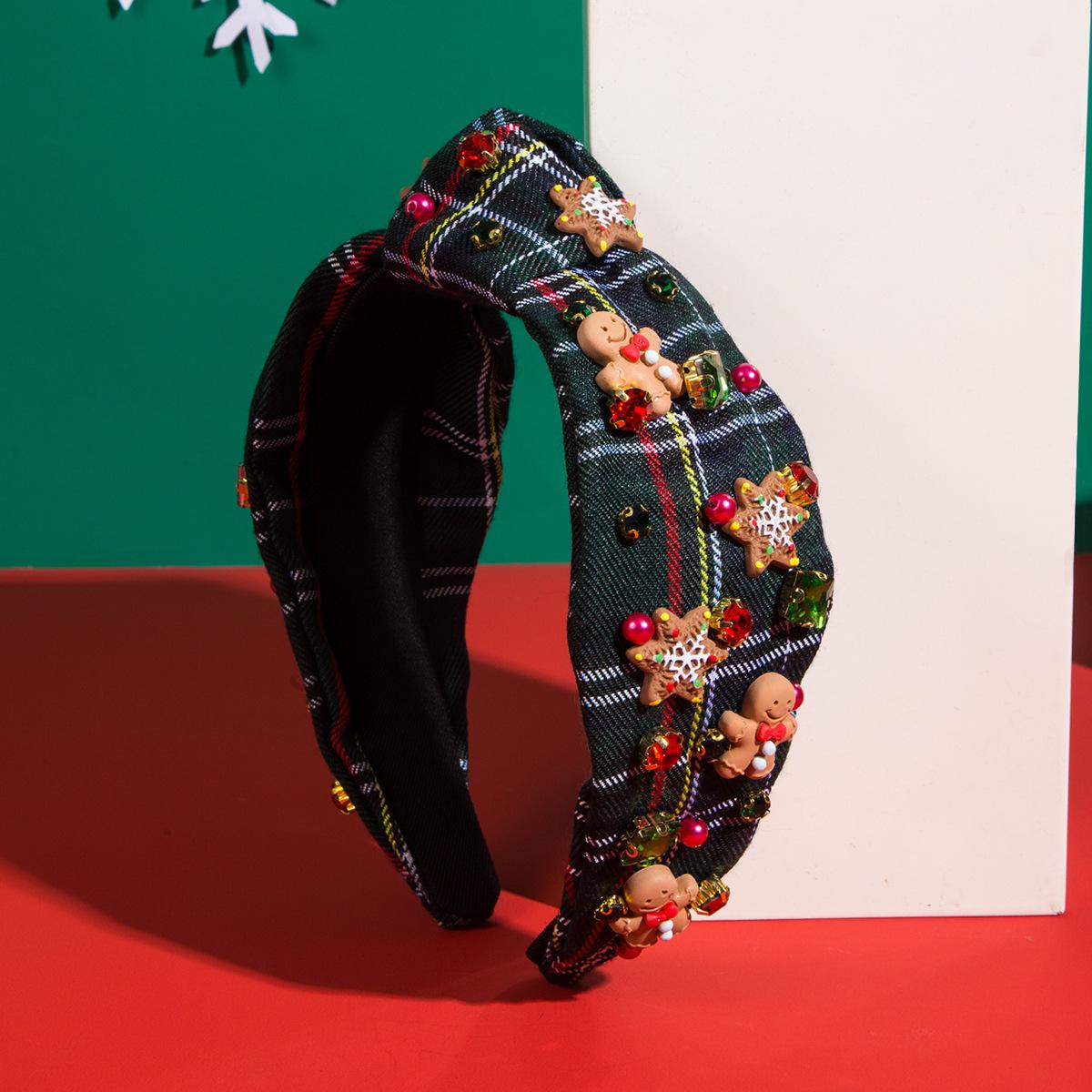 British Plaid Tartan Knotted Headband Gingerbread Man Snowflake Charm Hairband Cozy Winter Christmas Celebration Hair Hoop