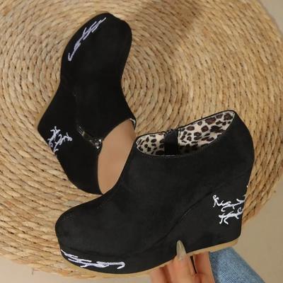 Frühling und Herbst Damenschuhe mit hohem Absatz und Keilabsatz und seitlichem Reißverschluss im Leopardenmuster, 2024 neue lässige Stiefel mit rundem Kopf