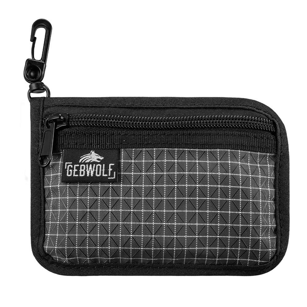 Portable Fabric Zip Wallet Black Grid Pattern Passport Holder Zipper Closure Key Clip Coin Purse Daily Commute