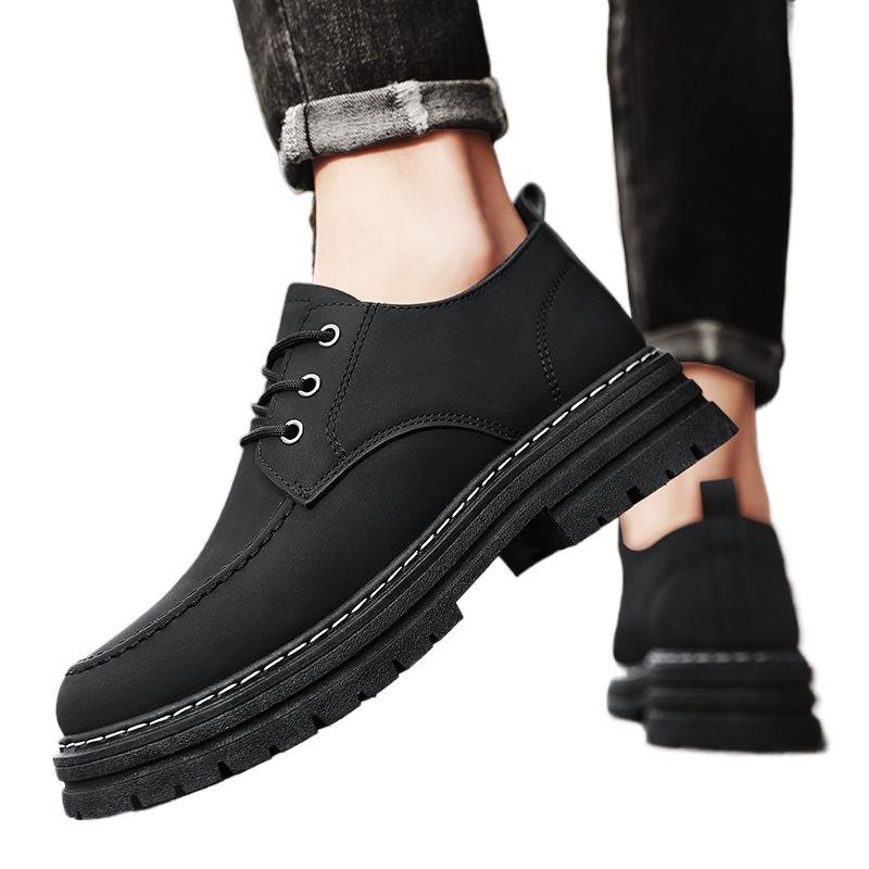 Tooling Men's Shoes Autumn New Black Casual Versatile Leather Shoes Low-top Thick-soled Heightening Labor Insurance Shoes Wear-resistant Martin Boots