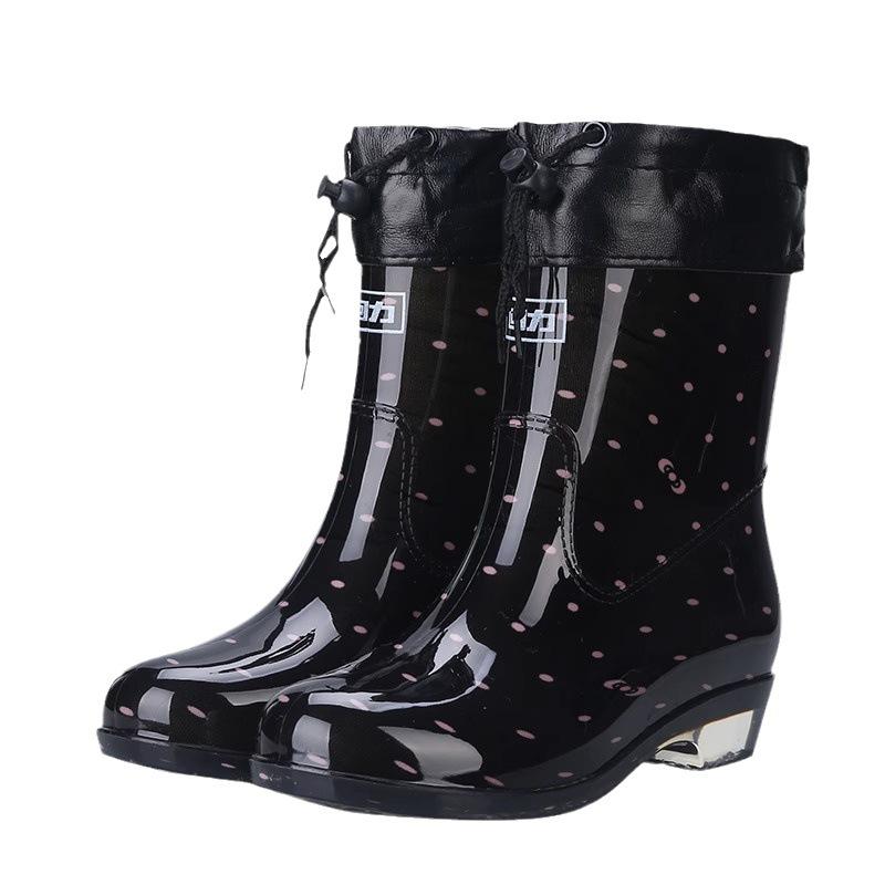 rain boots women's medium tube fashionable non-slip, waterproof, wear-resistant and warm, cotton velvet tendon sole rubber shoes