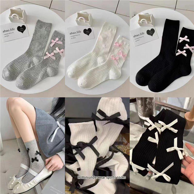 

Балетный сказочный стиль: Женские весенне-летние хлопковые носки до середины икры - Тонкие, влагоотводящие, классический дизайн с бантом черного, белого и серого цвета. White Socks with Pink Bow