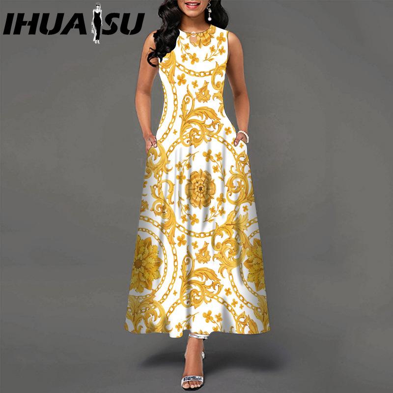 IHUASU 48 Farben Neues Damen Lockeres Vintage Blumenmuster Rüschenkleid Befree Kleid Großes Sommerparty Tanktops Elegante Maxikleider