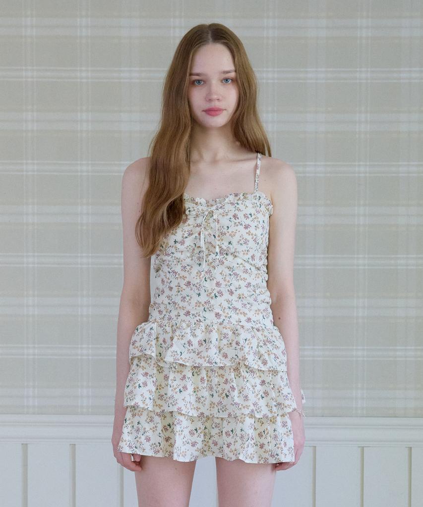 Pink Pineapple Flower Mini Tiered Dress_Ivory
