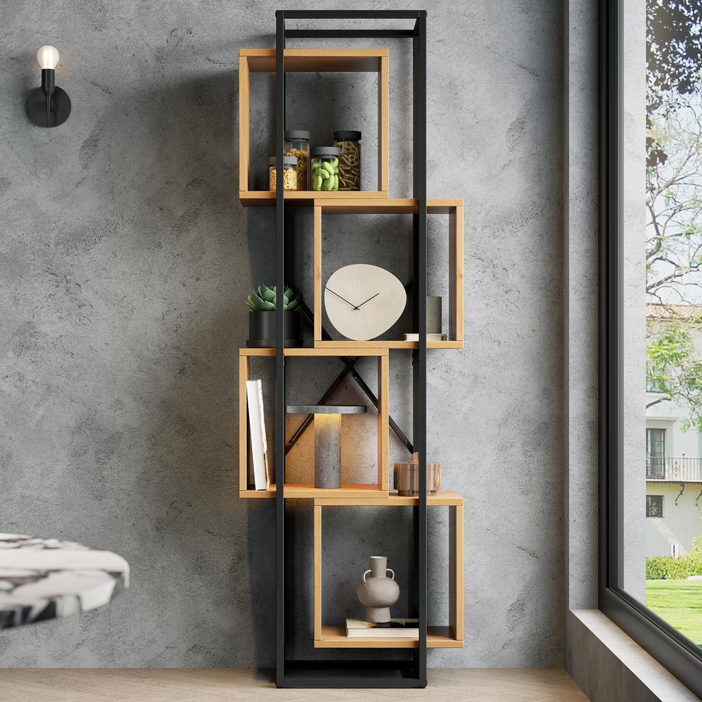 59×30×180 cm Bookshelf / Open Metal Shelf with MDF Wood Shelves, 4 Compartments, Creative Stacking Design, for Books, Collectibles & Decoration