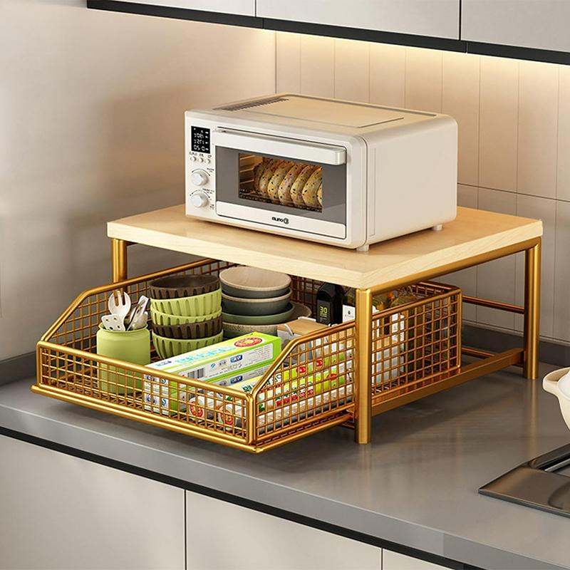 Space-Saving 2-Tier Pull-Out Rack | Printer/Microwave Stand with Storage Basket | For Kitchen, Living Room & Bedroom