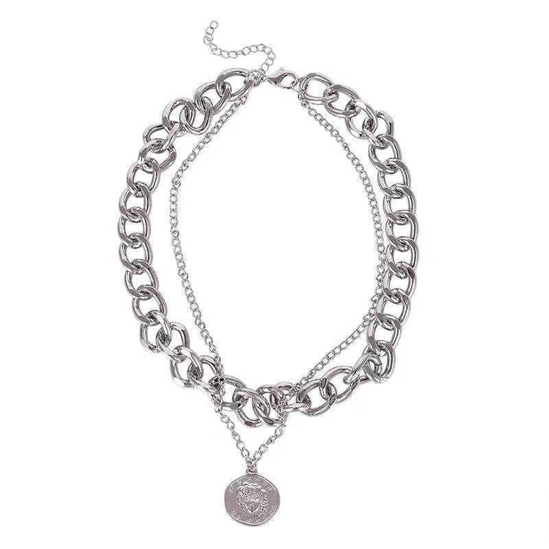 European and American Ins Retro Portrait Exaggerated Thick Chain Necklace Double Chain Hip Hop Necklace Short