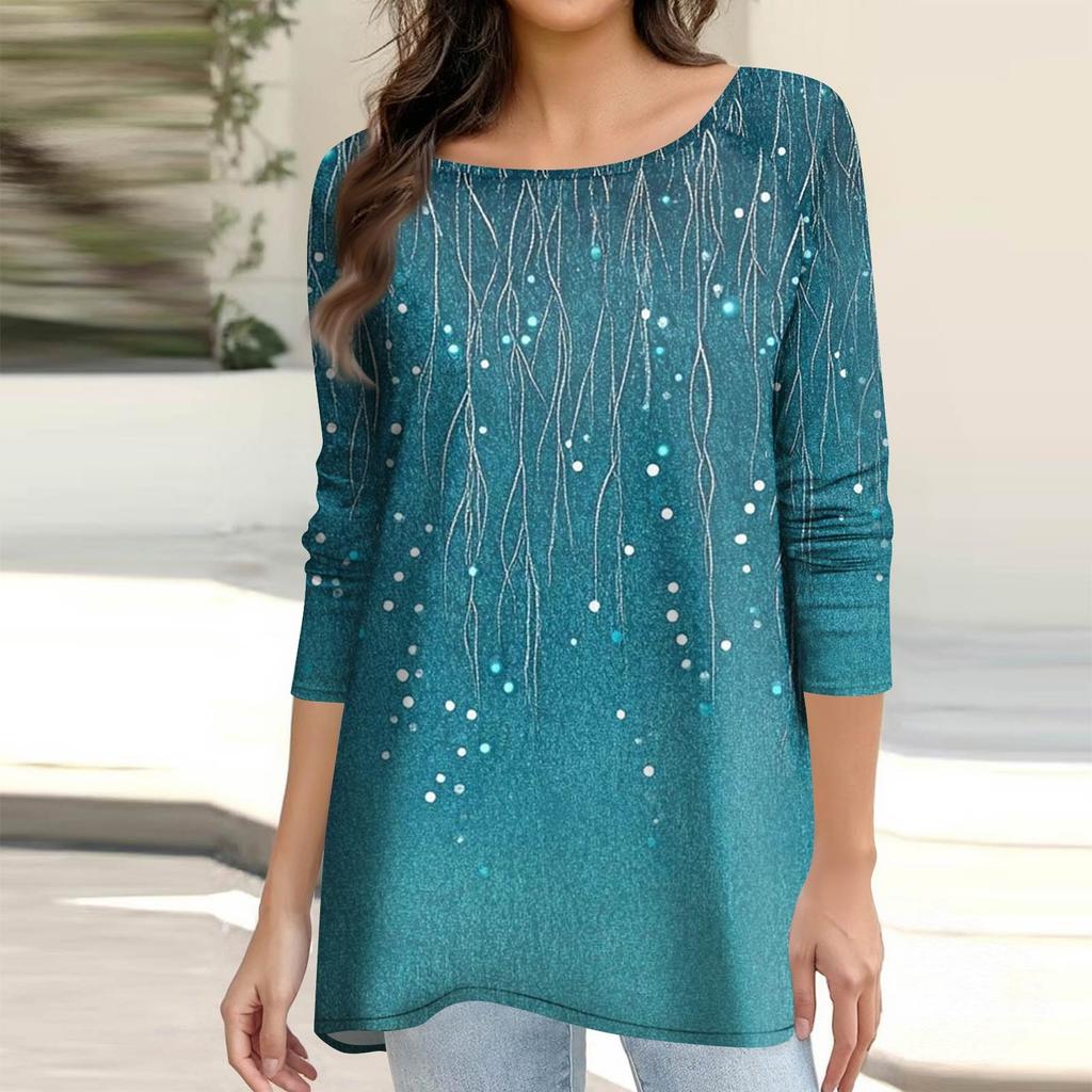 Women's Fashion Casual Long Sleeve  Print Round Neck Pullover Top Blouse
