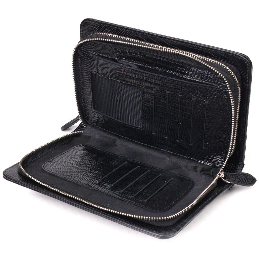 Unusual Men's Two-compartment Purse Made of Genuine Textured Leather with Reptile Embossing CANPELLINI 21571 Black