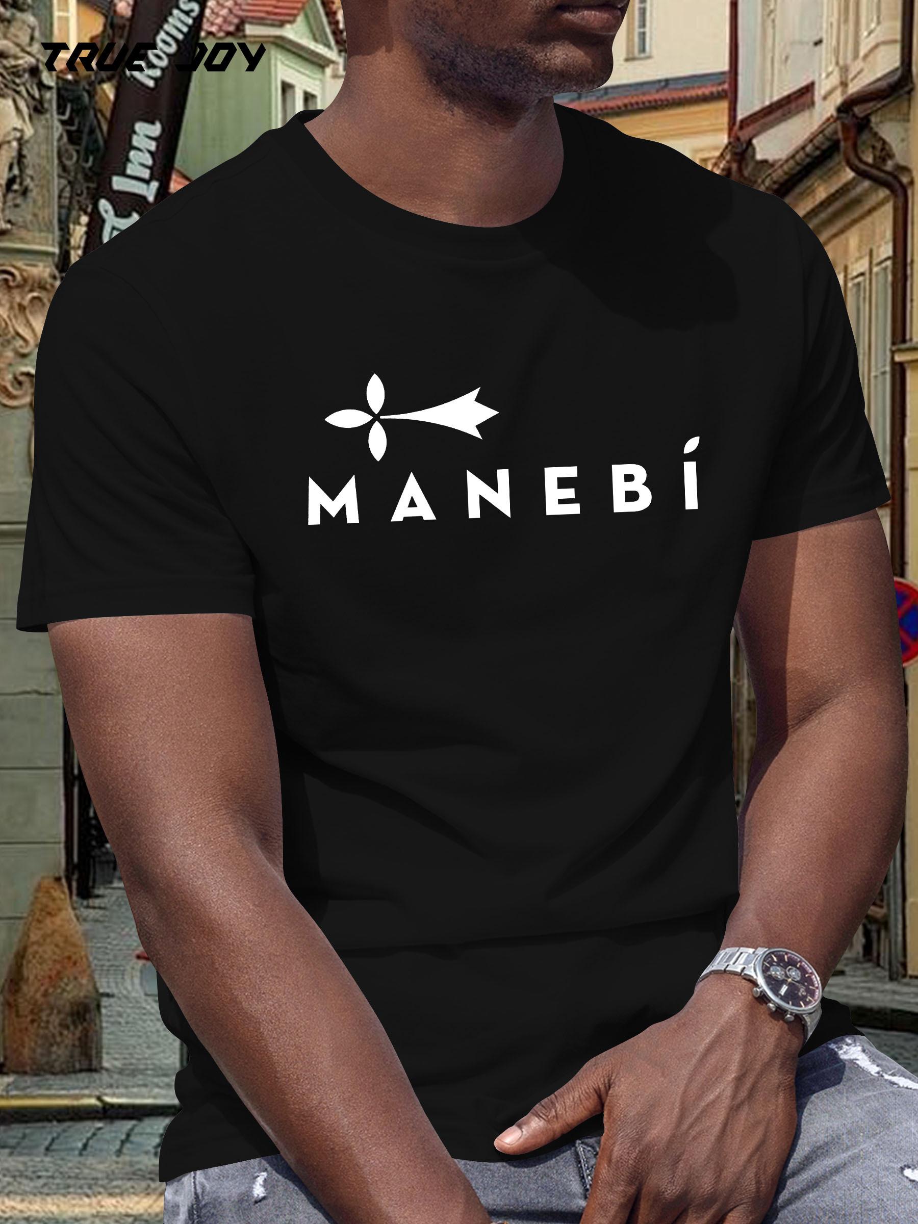 

MANEBI Summer Graphic Print T-shirt - Black Round Neck Short Sleeve Casual Top XL