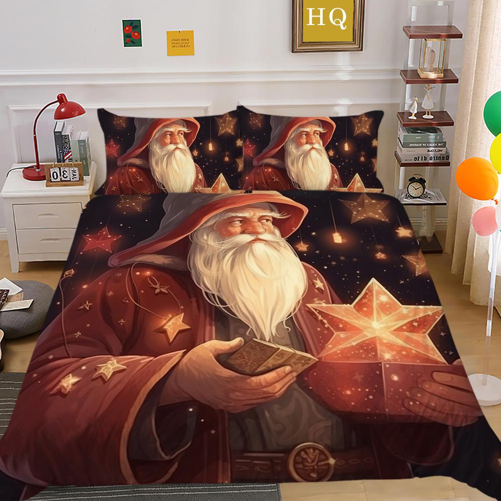 3D Microfiber Fabric Christmas Bedding Set Santa Claus Quilt Cover Pillowcase 2 or 3 EU220 * 240 Full-size Quick Drying Easy Cleaning Home Decoration