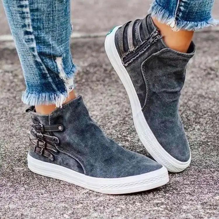 Ladies Canvas Shoes 2024 Autumn High Top Belt Buckle Women Casual Loafers Flats Plus Size Zipper Denim Women Shoes Zapatos Mujer