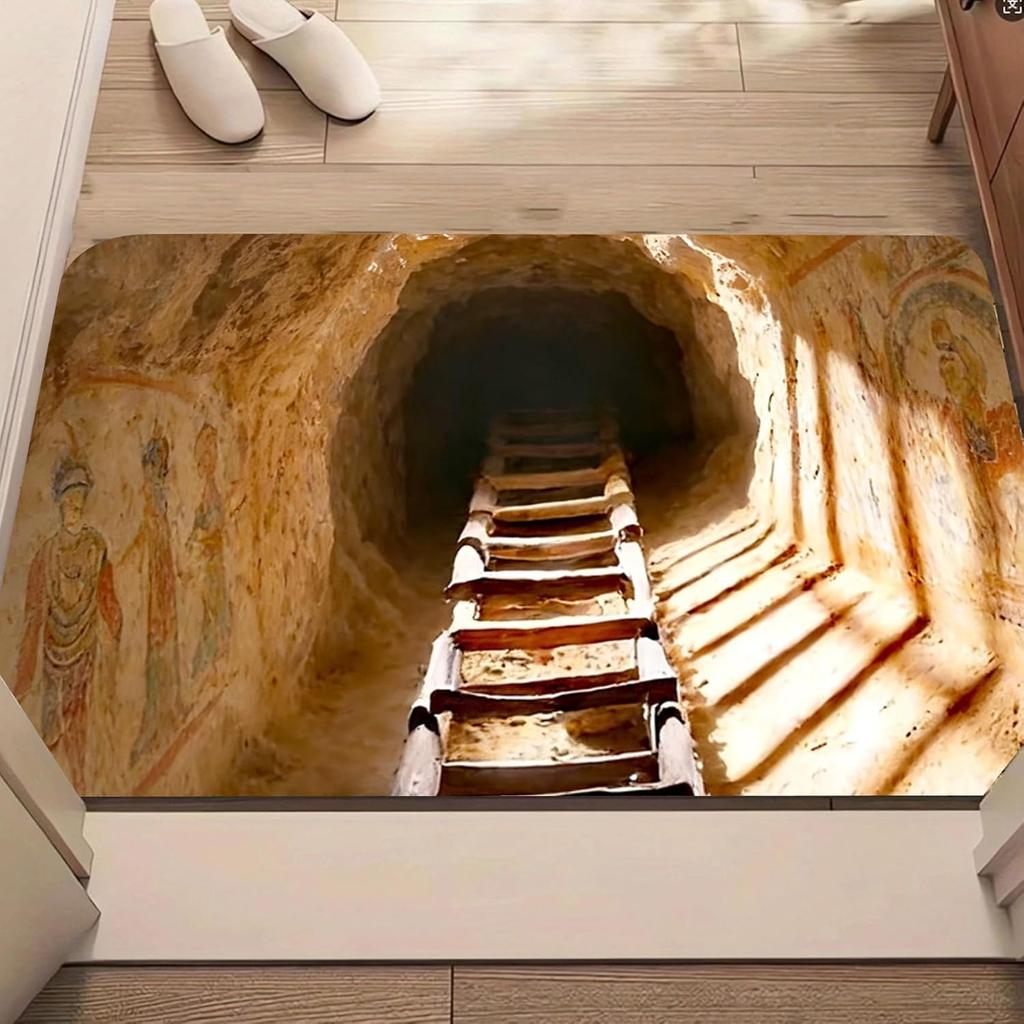 2D Print Water Cave Door Mat Deep Blue Staircase Design Welcome Entrance Rug Soft Non-Slip Visual Illusion Doorway Decor Mat