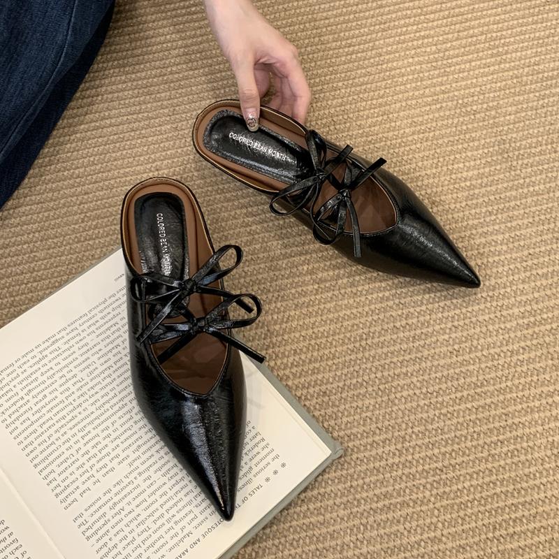 Fashion SUOJIALUN 2025 Autumn New Women Slipper Fashion Pointed Toe Bow-knot Slip On Mules Shoes Square Low Heel Outdoor Dress Sandal