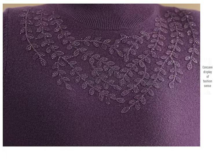 Mom's Embroidered Wool Sweater - Half-High Collar, Solid Color, Plus Size, Middle-Aged Women's Winter Knitwear