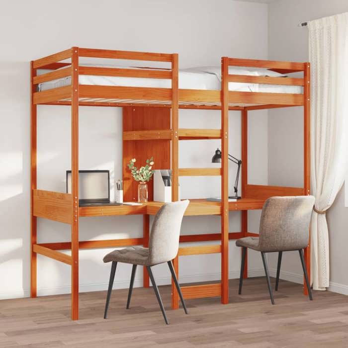 VidaXL Mezzanine Bed with Desk and Shelves Wax Brown 90x200 Cm Pine, Mezzanine Bed Frame, Cabin Bed Frame, Frame 3308543
