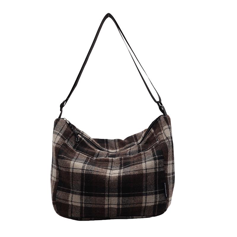 Retro Plaid Plush Shoulder Tote - Classic Large Capacity for College Students