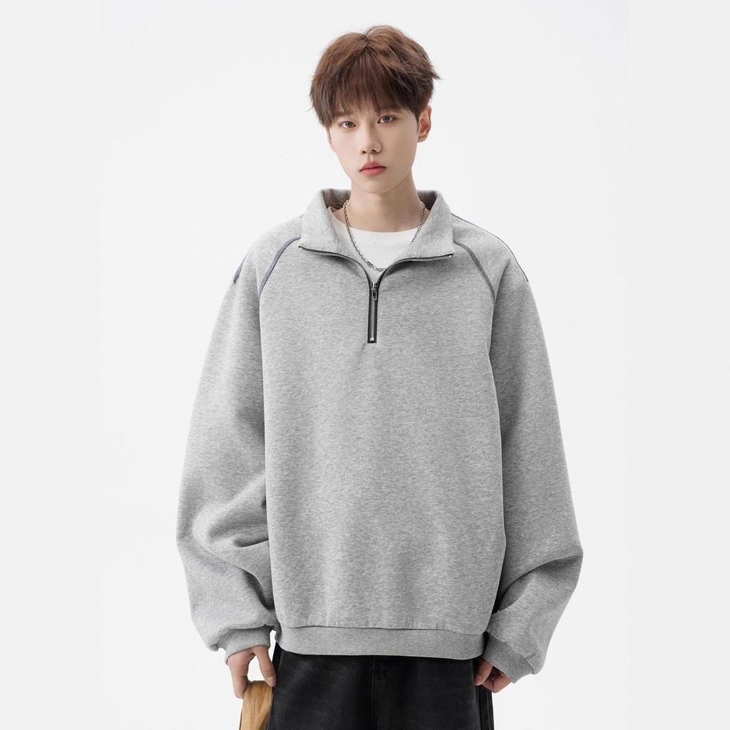 Men's Autumn Trendy Navy Blue Half-Zip Stand-Collar Hoodie Jacket