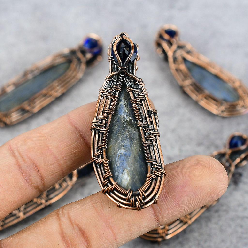 Kyanite Rough and Blue Sapphire Gemstone Pure Copper Wire Wrap Handmade Jewelry Pendant