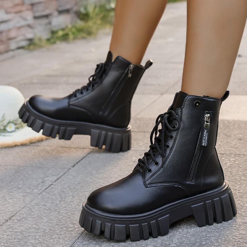 Women's Round Toe Side Zip Front Lace-Up Platform Non-Slip Short Thigh Boots Non-Slip High Heel Boots