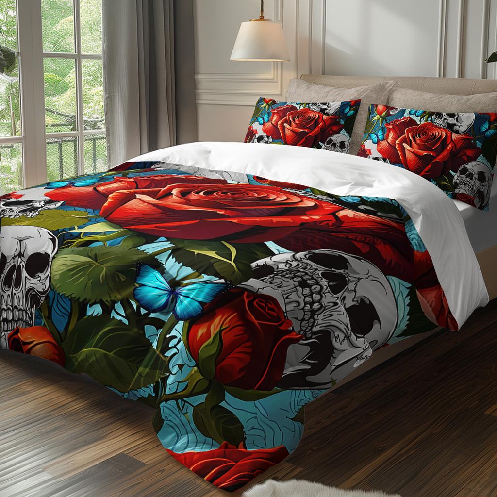 3pcs Gothic Red Roses and Skulls Bedding Duvet Cover Set Skull and Rose Bedding Set Vintage Themed Romantic Roses Bedroom Decor