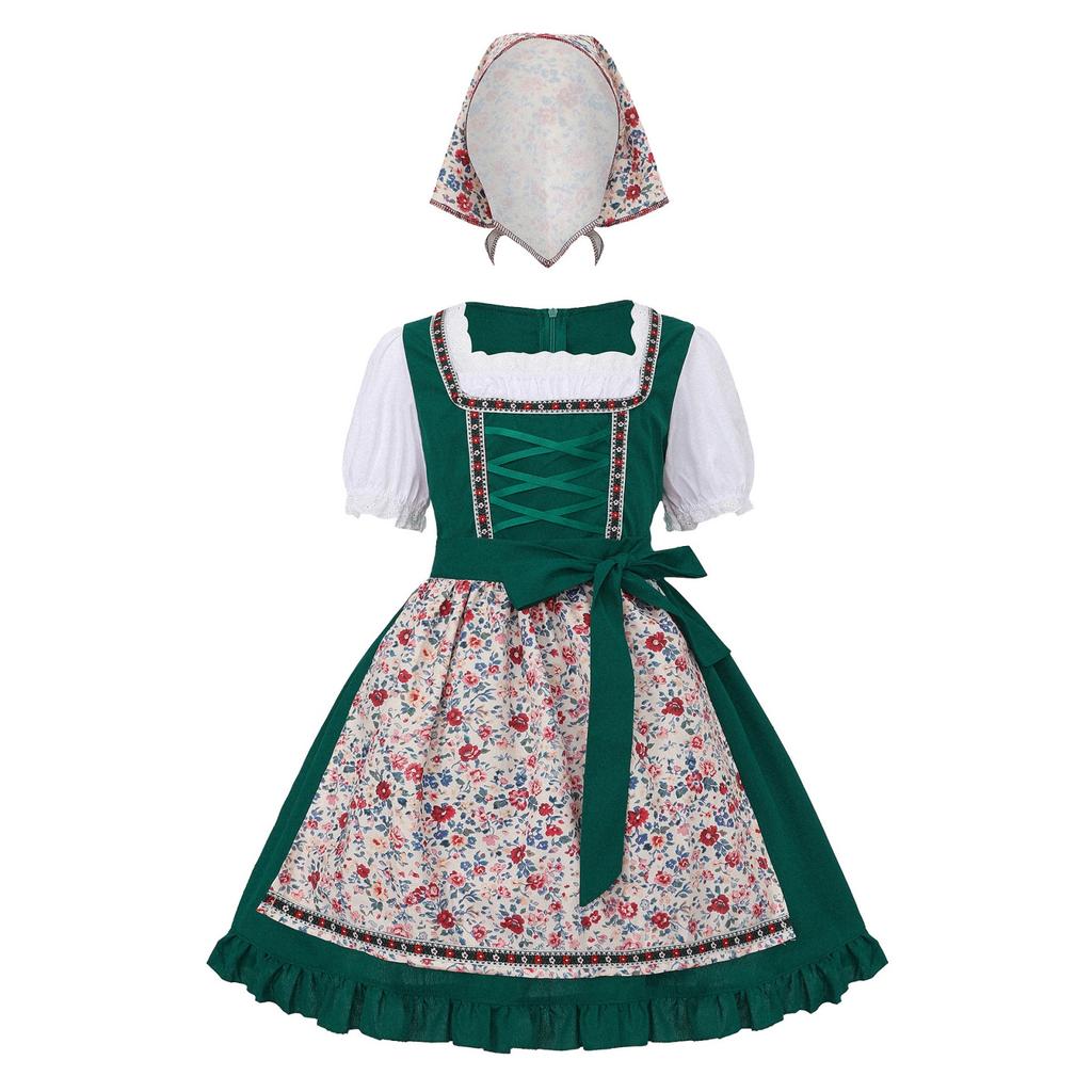 Girls Traditional Dress Oktoberfest Costume Country Style Apron Dress with Headscarf and Puff Sleeve Shirt for Kids