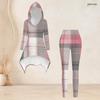 Women Plus Size Hooded Long Sleeve Purple Pink Plaid High Low Top And Fitted Pants Two Piece Set