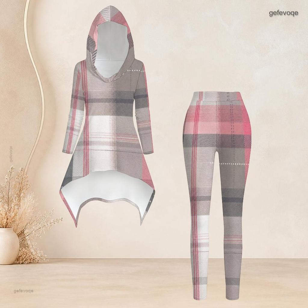 Women Plus Size Hooded Long Sleeve Purple Pink Plaid High Low Top And Fitted Pants Two Piece Set