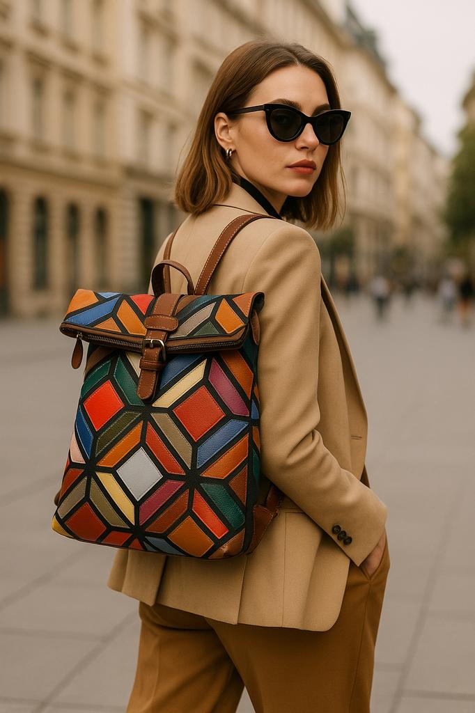 Damen Leder Rucksack im geometrischen Patchwork-Design