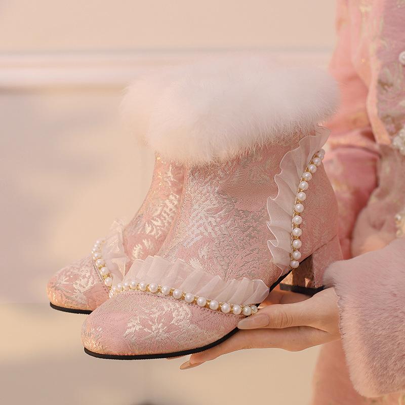 Fashion 2025 Autumn Winter New Elegant Beaded Rabbit Hair Women's Ankle Booties Lace Lady Boots Printed Cheongsam Hanfu Femme Dress Shoe