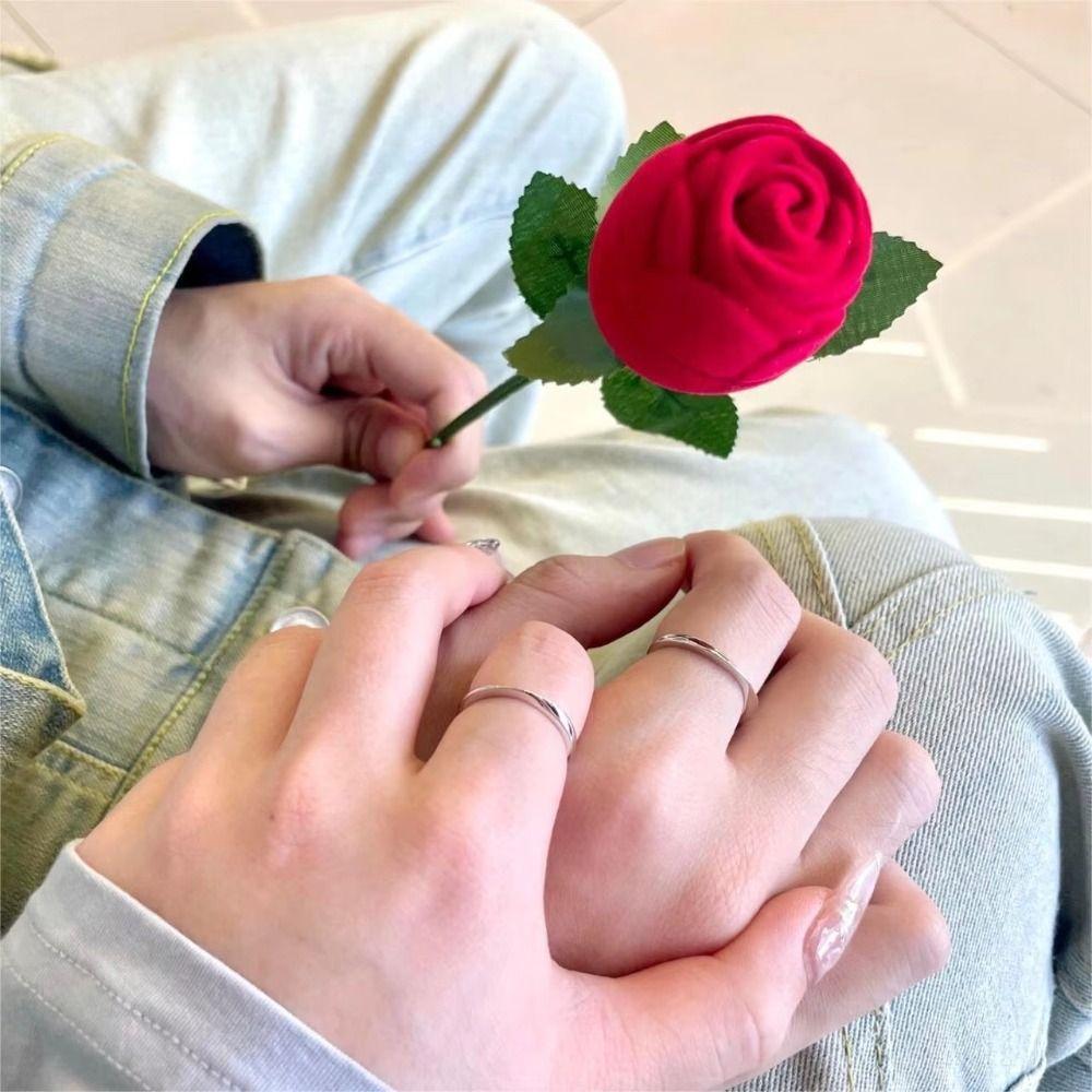 Red Velvet Rose Ring Box with Leaves Simulation Flower Rose to Ring Box Romantic Gimmick Flower Wedding Ring Box