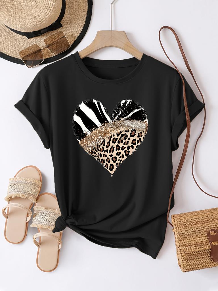 Women's Casual Short Sleeve with Leopard Print Zebra Stripe Heart Design Glitter Accent Casual Top Harajuku Short Sleeve Casual