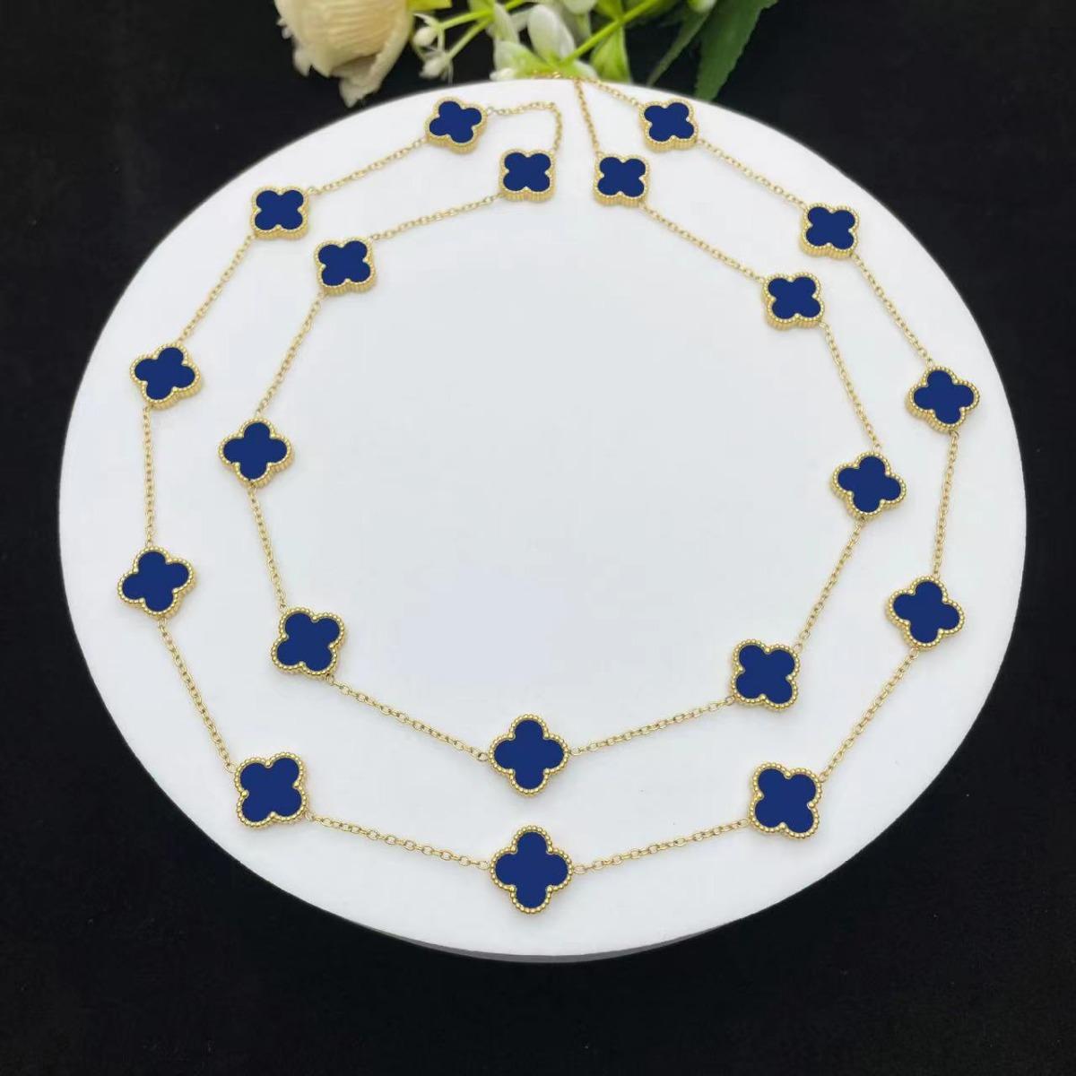 

18K Lucky Four Leaf Clover ожерелье 90 см длиной 20 цветков перламутровой цепочки свитера женское ожерелье высокого класса королевский синий