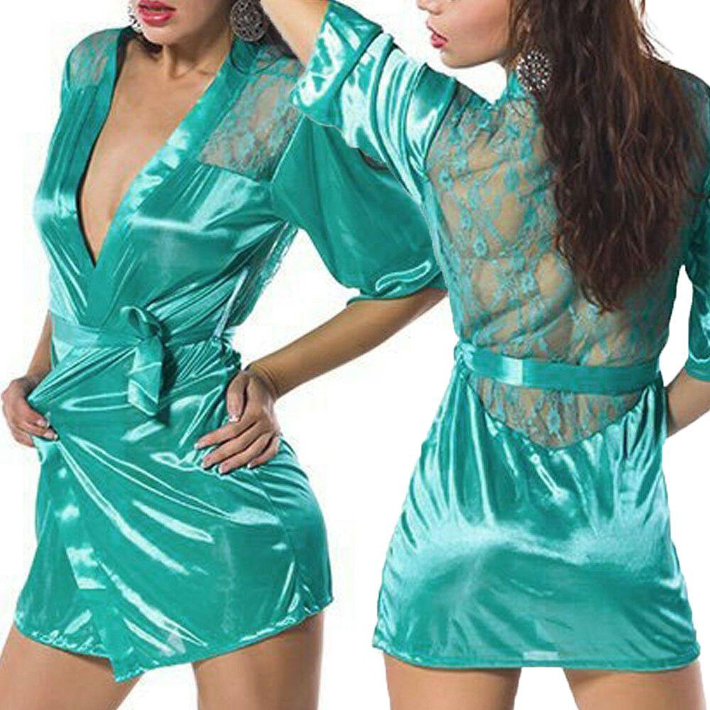 Women Lingerie Robe Satin Silk Lace Trim Sexy Kimono Robes Set Sleepwear