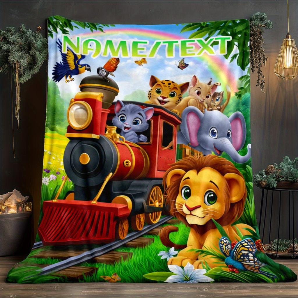 Custom Cartoon Animal Train Fleece Blanket Personalized Name Kids Throw Soft Warm All Season Bedding Gift For Boys Girls