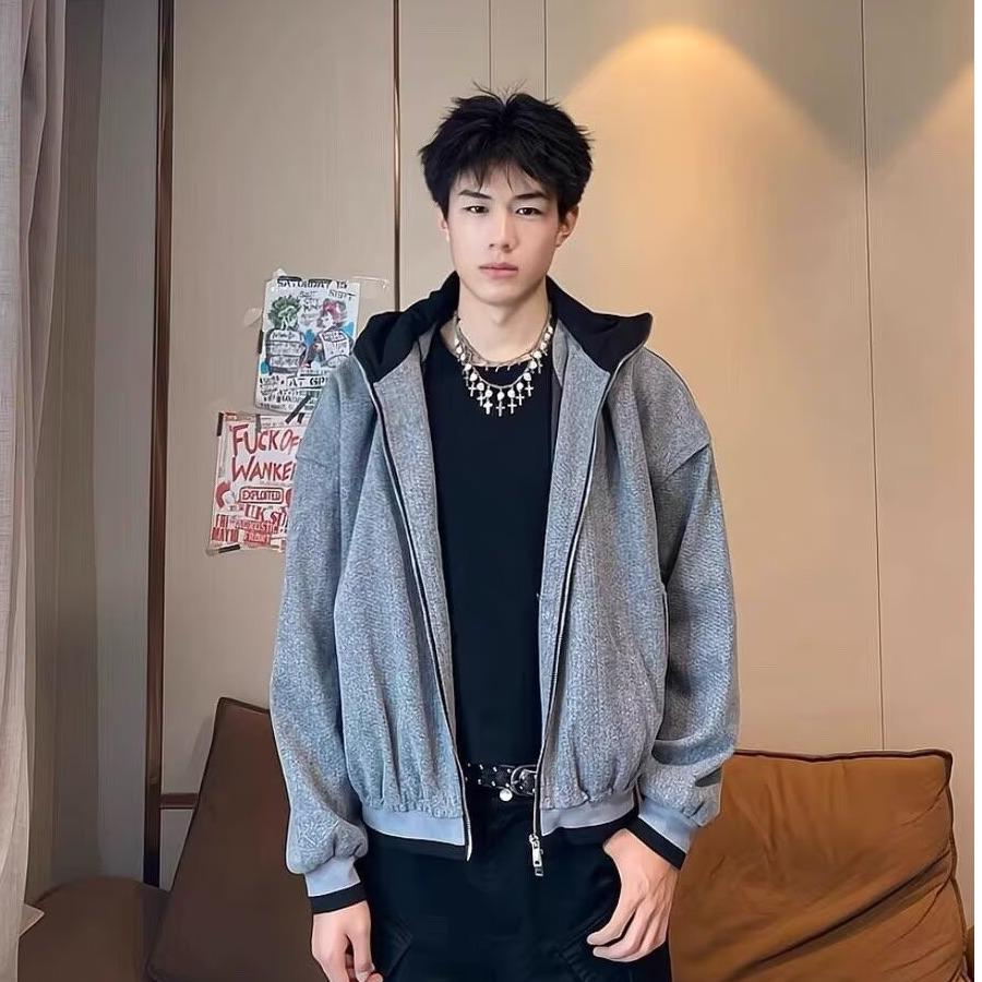 Unisex 2025 American Retro Stand Collar Two-Piece Knit Cardigan Hoodie L серый