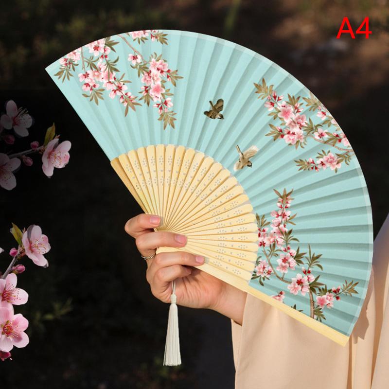 Ventilador Portátil de Mão Dobrável Estilo Chinês Adereços de Dança Ventilador de Concha Retrô Mulher Homem Madeira de Bambu Seda Flor Ventilador Dobrável