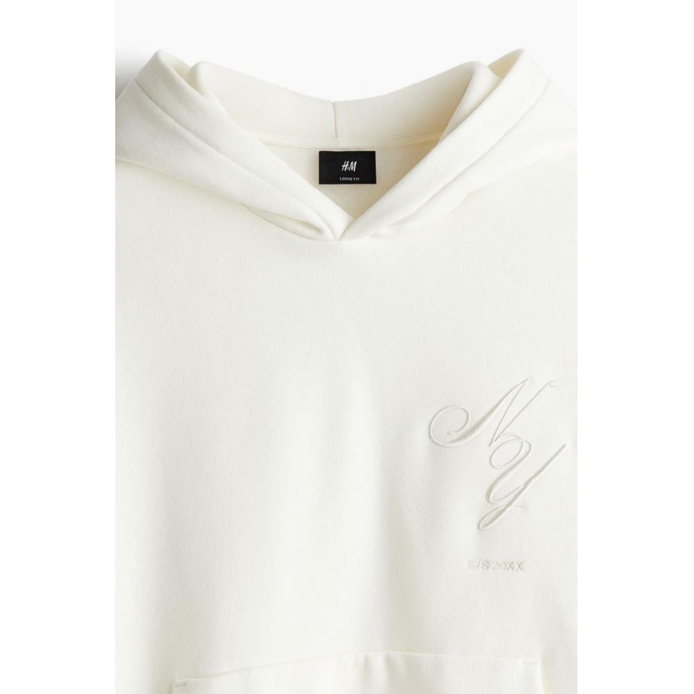 H M Loose Fit Printed Hoodie creaM
