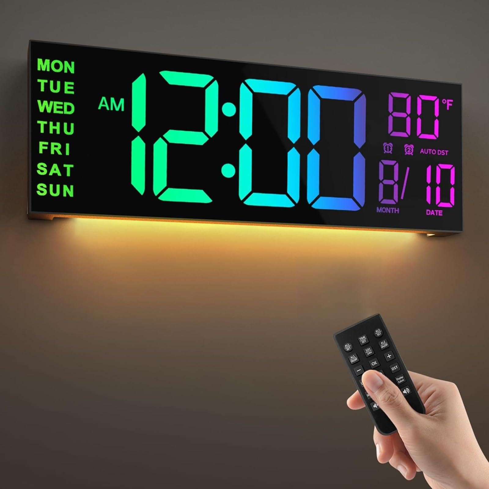 

HUO JI Digital Wall Large Alarm Clock with Night Remote LED Brightness Light Large USB for Living Clock, 16.2-inch Light, Control, Clock, Adjustment, чёрный