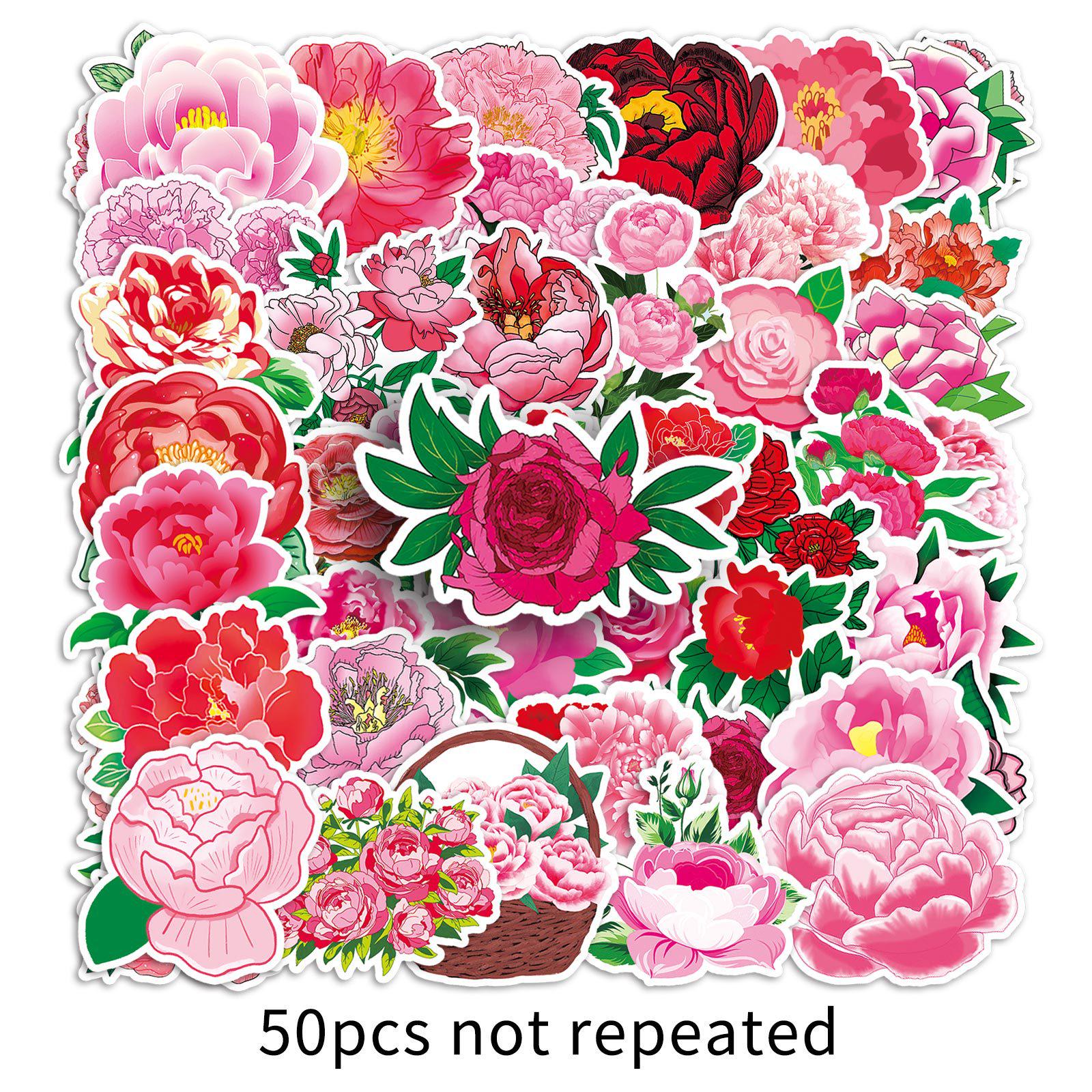 Peony Flower Stickers - 50 Sheets of Romantic Floral Cartoon Decor for Notebooks & Water Cups