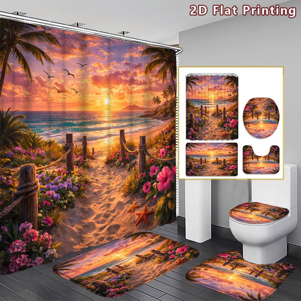 4Pcs Tropical Beach Palm Tree Shower Curtain Set with Non-Slip Bath Mat, Toilet Lid Cover, Contour Rug & 12 Hooks, Bathroom Decor
