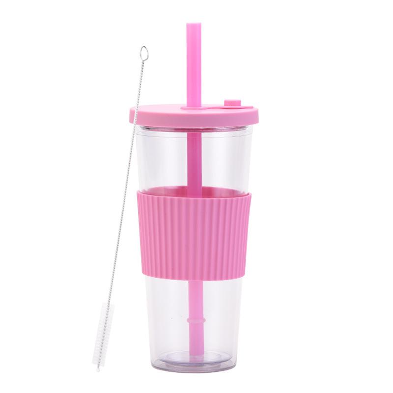 2025 Large Capacity Double Layer Plastic Cup Large Hole Straw Pearl Boba Milk Tea Cup Portable Outdoor Straw Cup