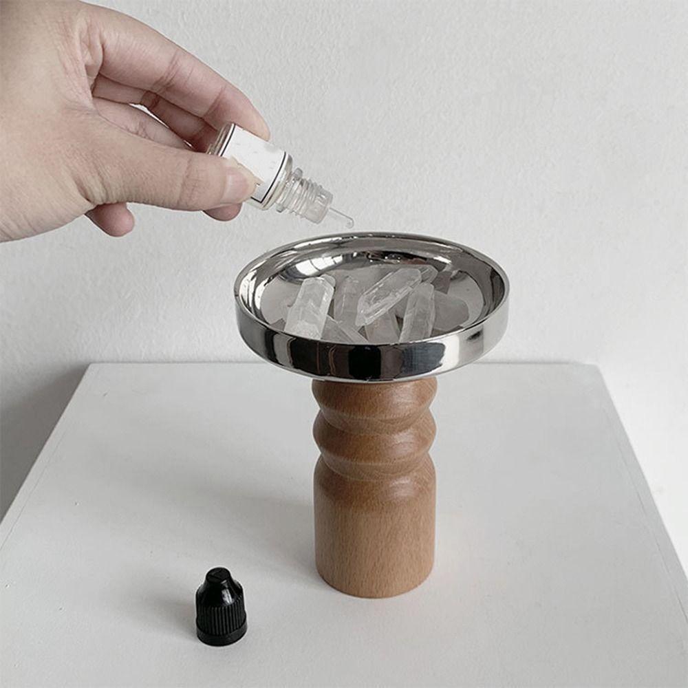 Solid Wood Base Stainless Steel Aromatherapy Tray Round Desktop Storage Tray  for Home