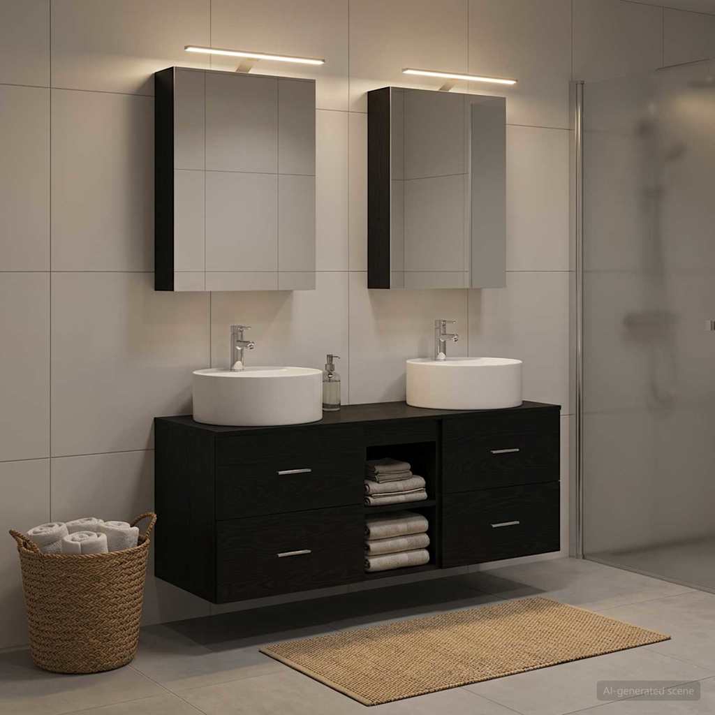 5 Piece Bathroom Furniture Set Black Oak Engineered Wood and Glass