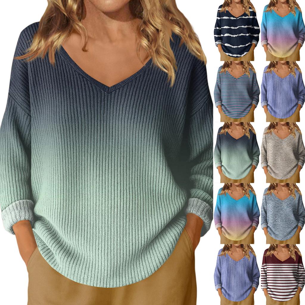 Women's Fashion V-Neck Lightweight Sweater Casual Long Sleeve Knit Pullover