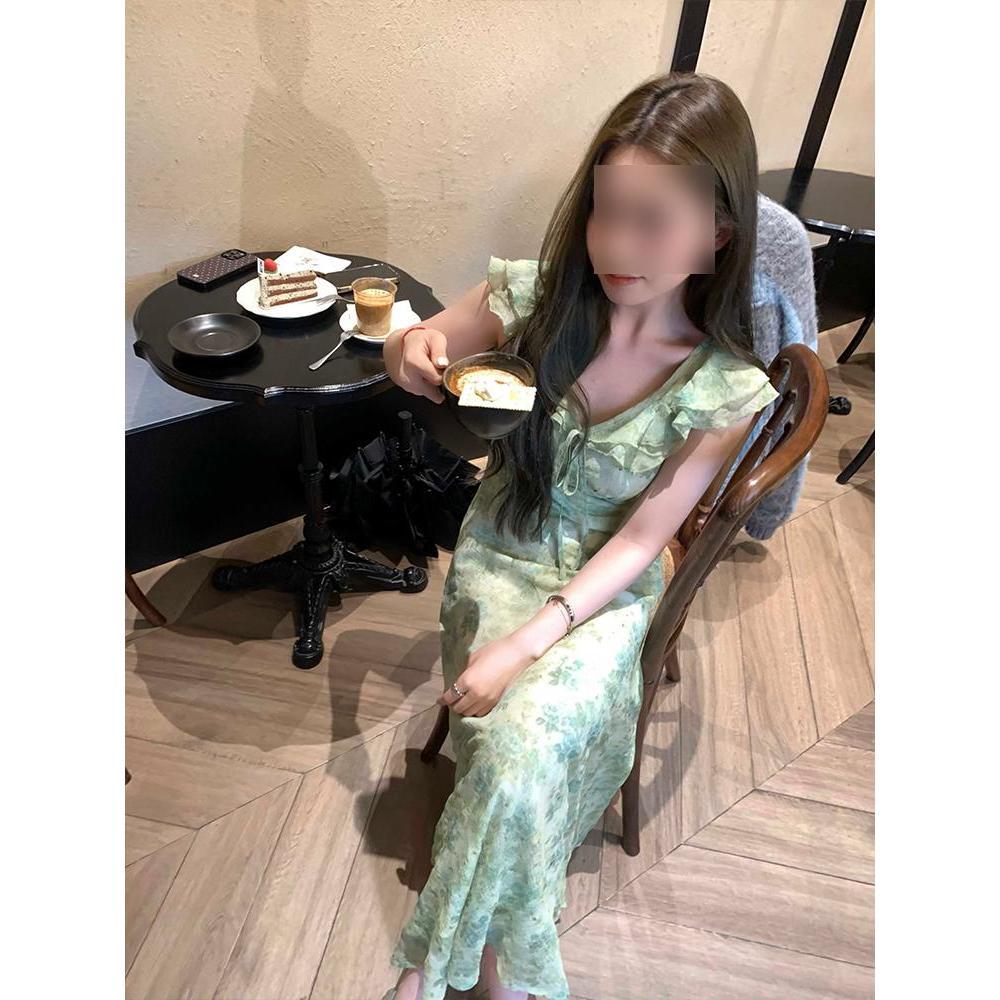 Green ruffle leaf edge floral dress for children's leisure summer new holiday style temperament dress